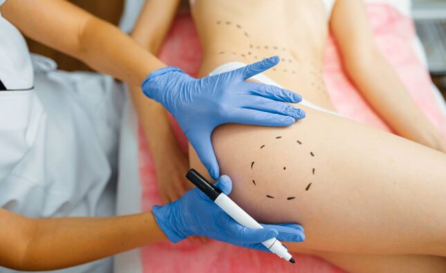 Cosmetician with marker puts dotted lines on female patient body, botox injections preparation. Rejuvenation procedure in beautician salon. Cosmetic surgery against wrinkles and aging