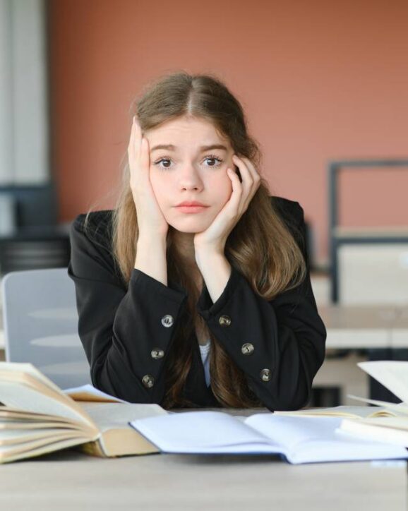Lonely sad schoolgirl while all her classmates ignored her. Social exclusion problem. Bullying at school concept.