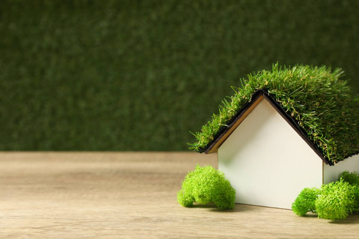 Decorative house with moss on the roof, the concept of an eco house