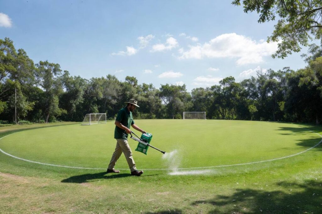 a groundskeeper applying fertilizer to a lush